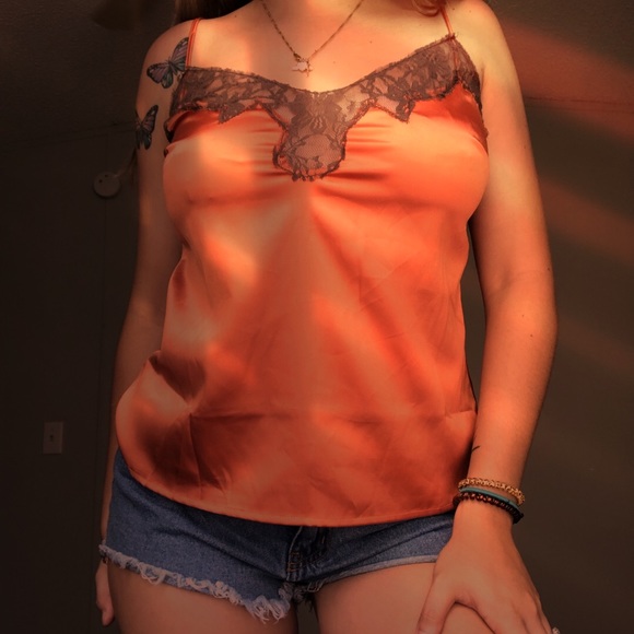 Orange Satin Top with Lace - Picture 3 of 4